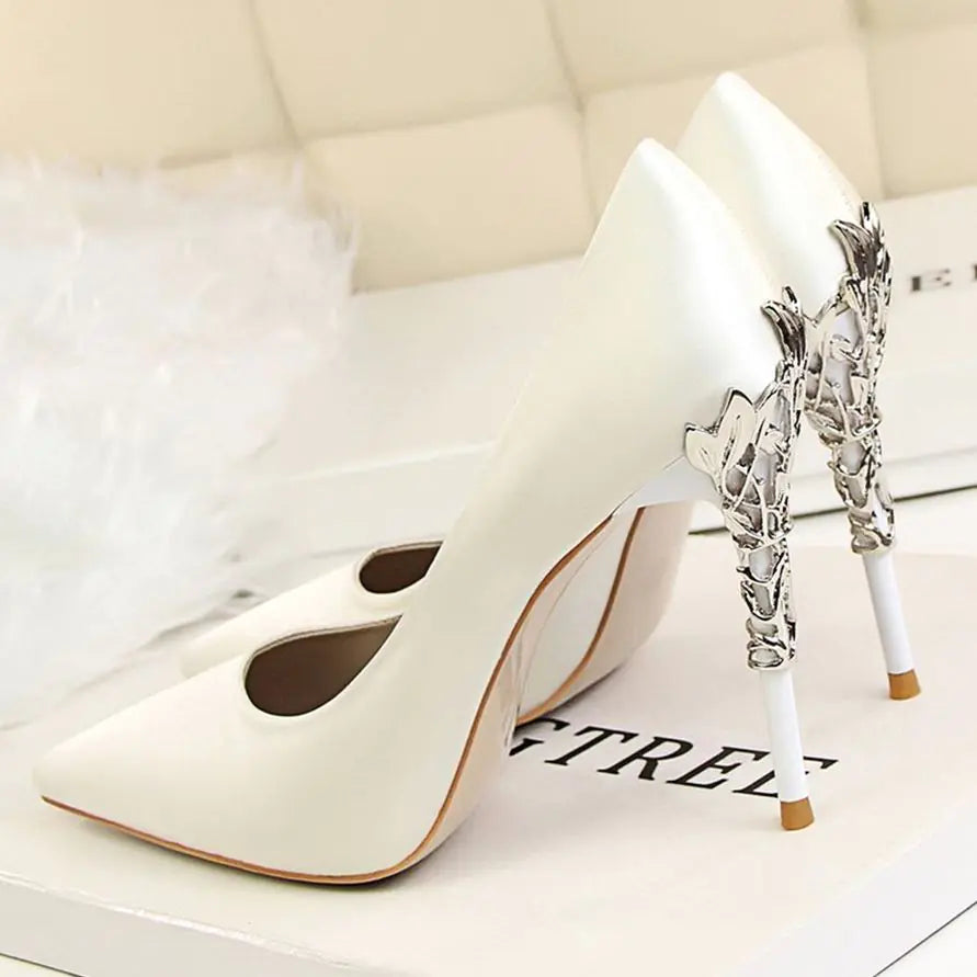 Women's White Satin Pointed High Heels - Elegant
