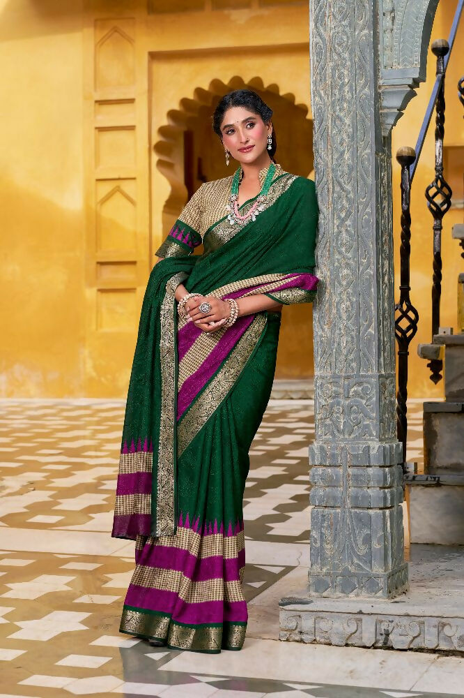 Green Poly Cotton Saree with Zari Weaving and Prints
