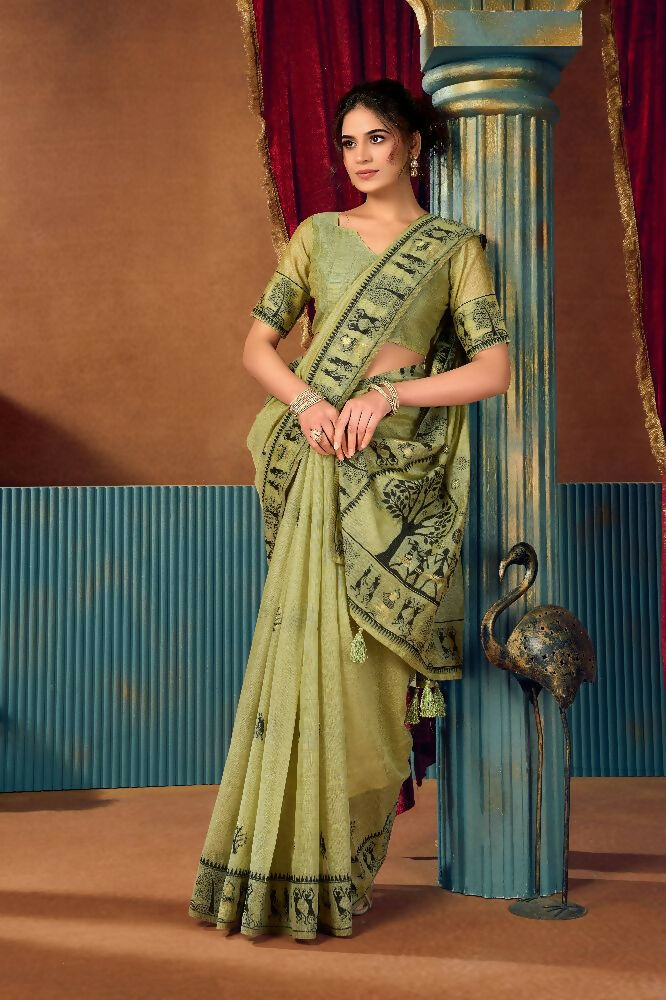 Green Modal Saree with Zari Woven Border and Blouse Piece