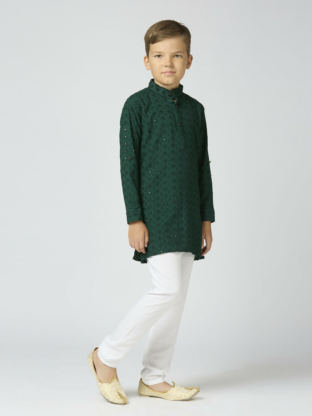 Boys Green Cotton Kurta and Pyjama Set with Sequin Embroidery