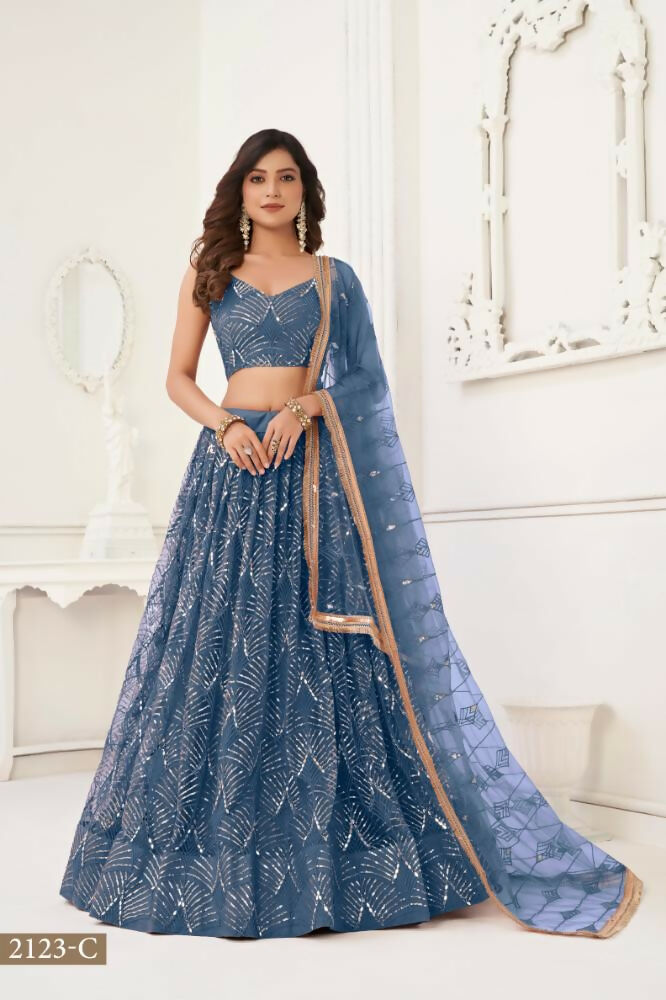 Peach Butterfly Net lehenga choli with mirror and sequence embroidery detail