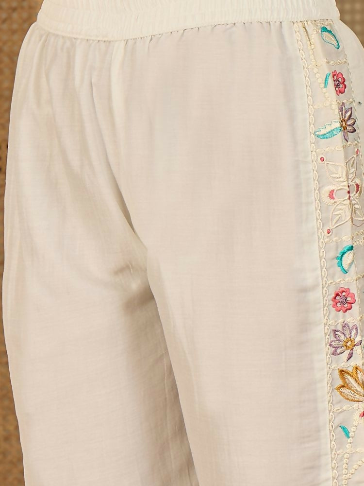Off-White Roman Silk Embroidered Kurta Set with Shirt Collar