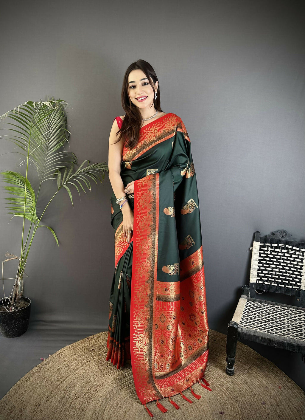 Dark Green Banarasi Soft Silk Saree featuring peacock motifs