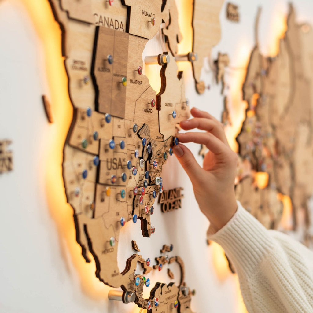 3D LED Wooden World Map 3.0 Gold Interactive Backlit Wall Art