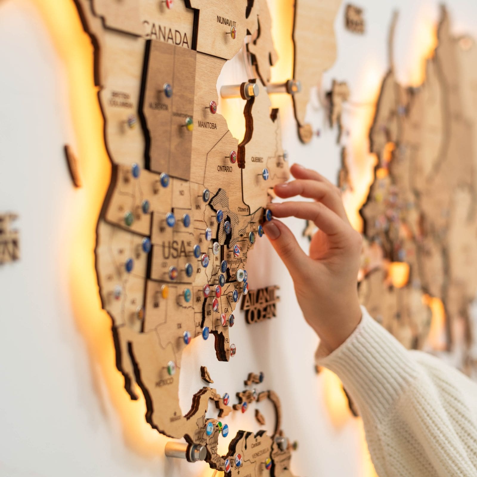 3D LED Wooden World Map 3.0 Gold Interactive Backlit Wall Art