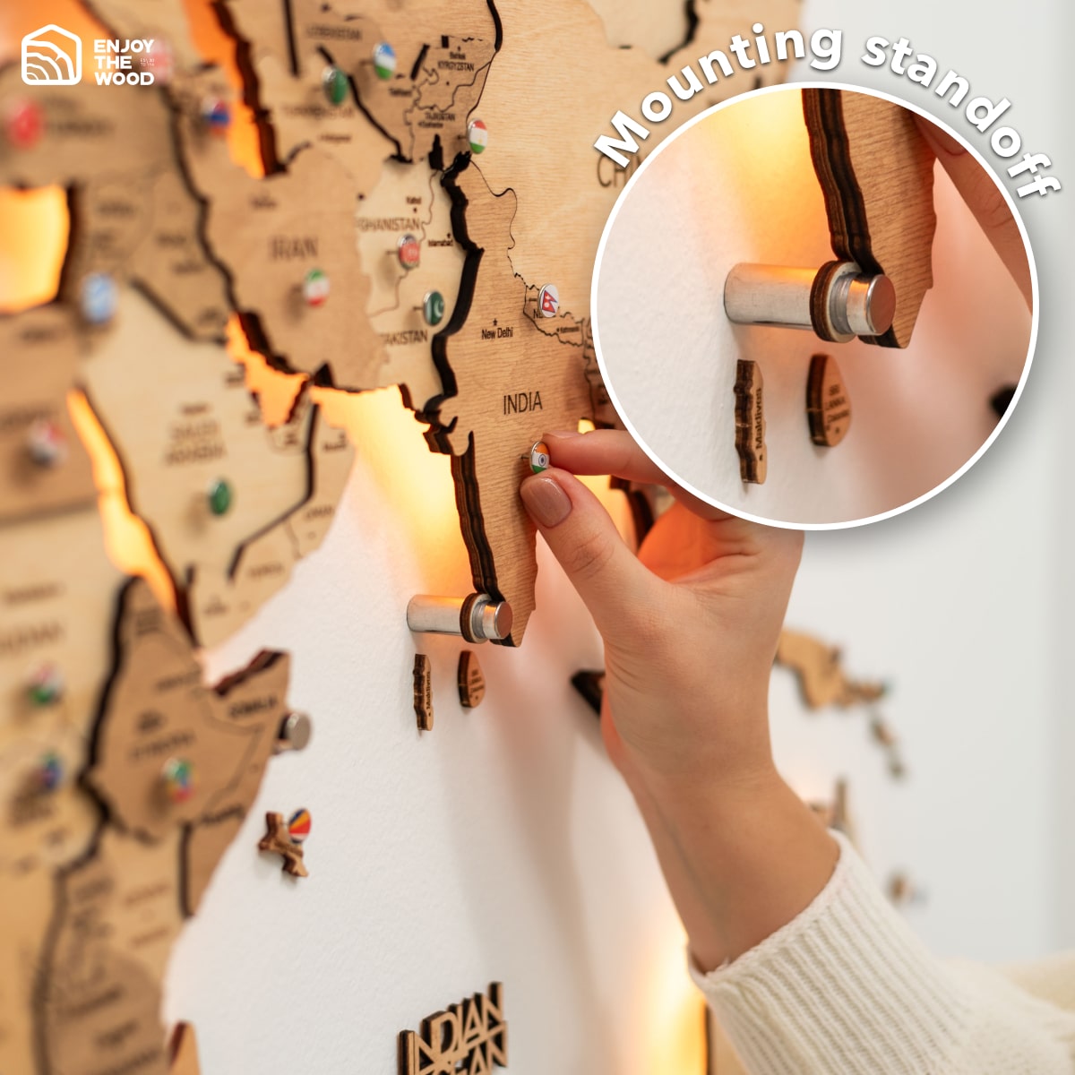 3D LED Wooden World Map 3.0 Gold Interactive Backlit Wall Art