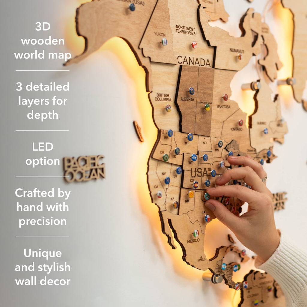 3D LED Wooden World Map 3.0 Gold Interactive Backlit Wall Art
