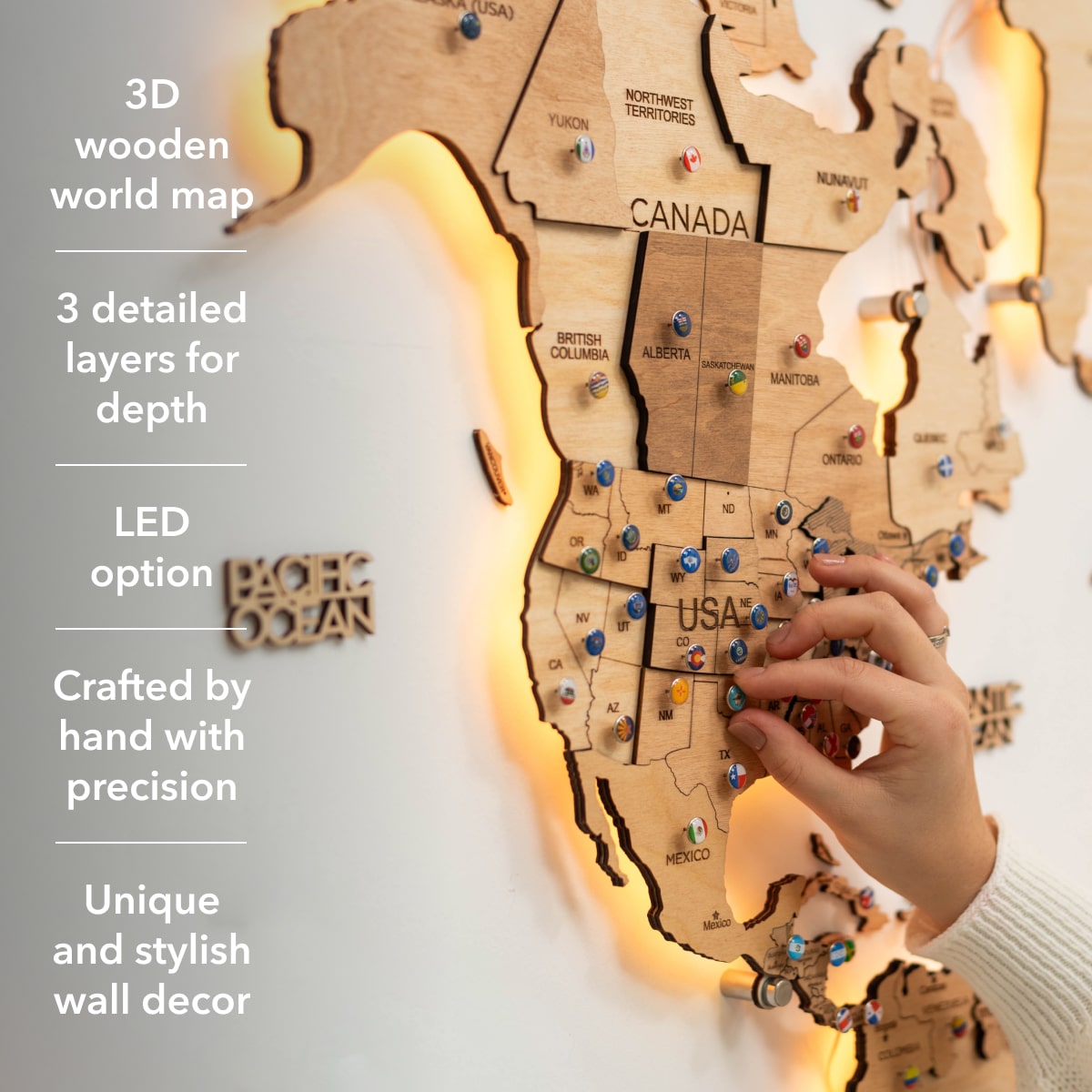 3D LED Wooden World Map 3.0 Gold Interactive Backlit Wall Art