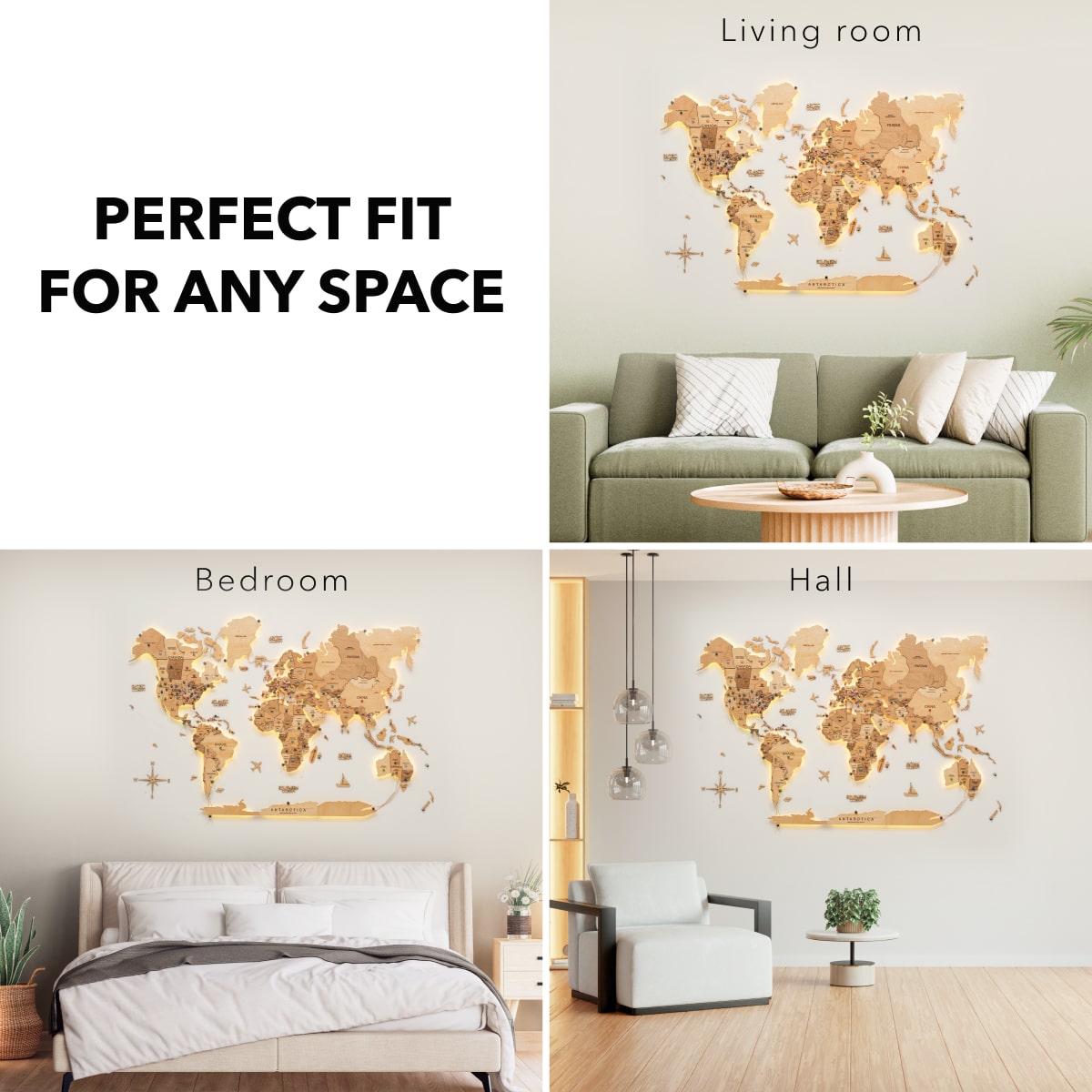 3D LED Wooden World Map 3.0 Gold Interactive Backlit Wall Art