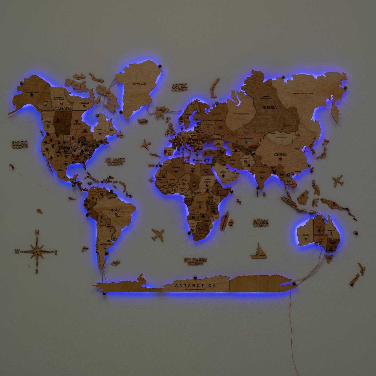 3D LED Wooden World Map 3.0 Gold Interactive Backlit Wall Art