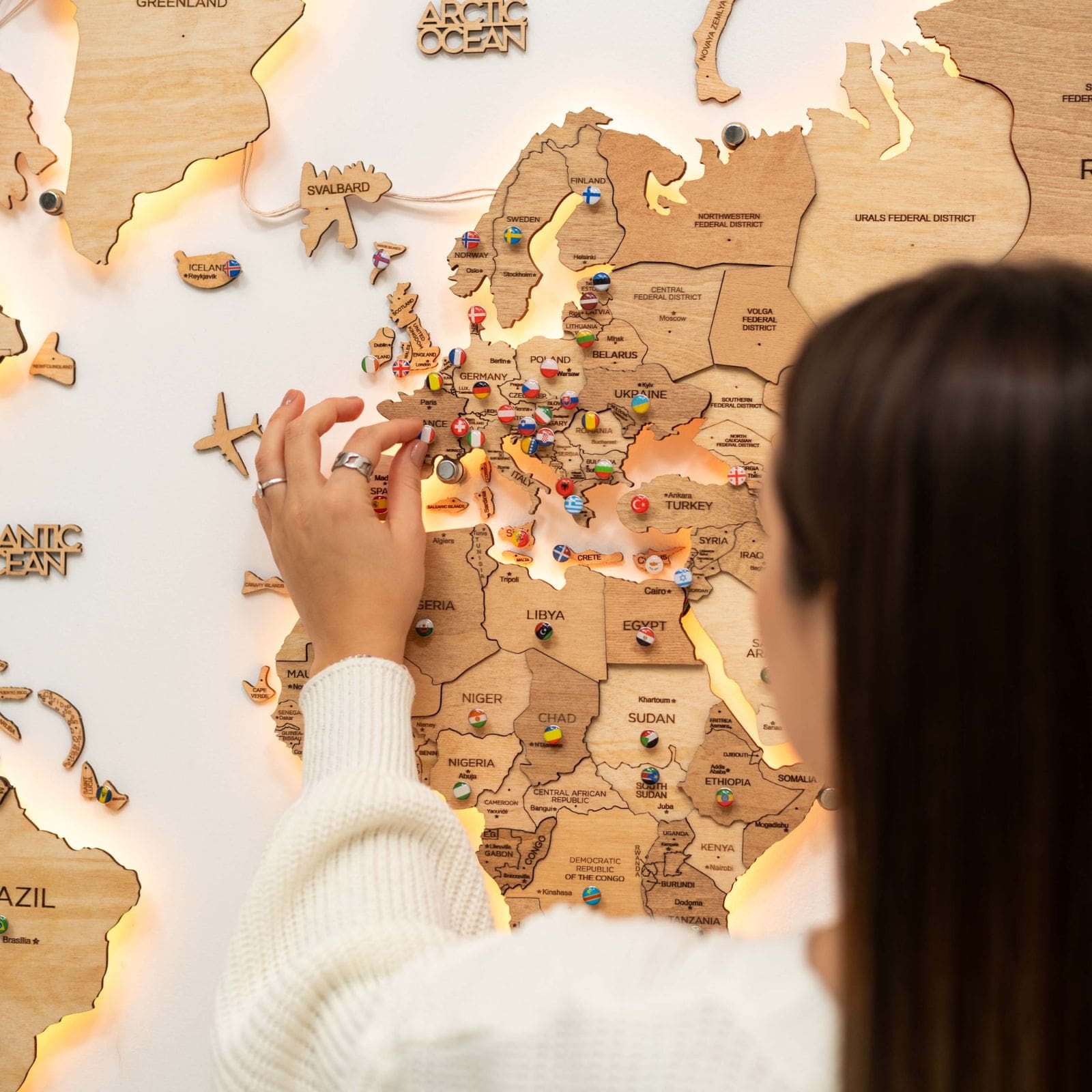 3D LED Wooden World Map 3.0 Gold Interactive Backlit Wall Art