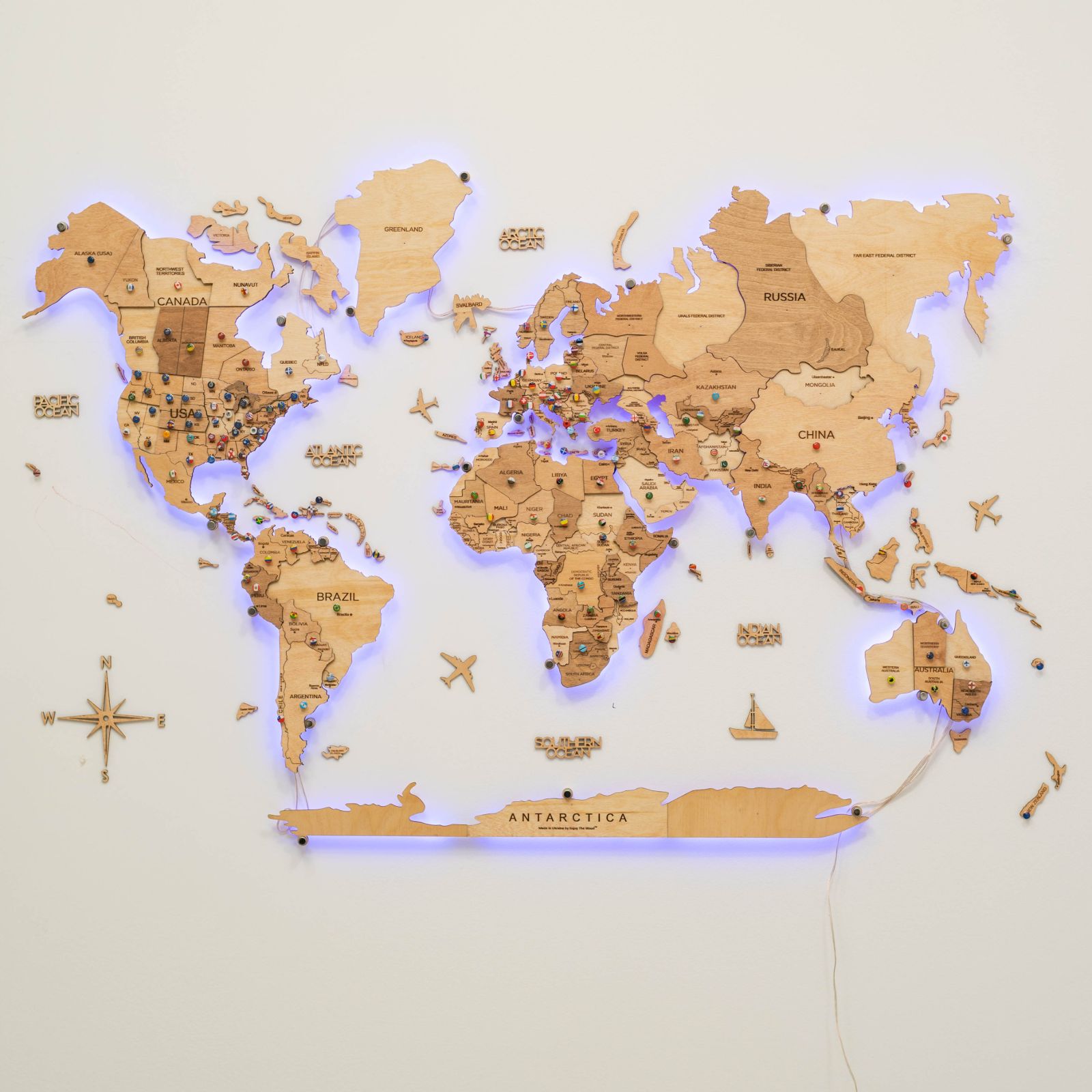 3D LED Wooden World Map 3.0 Gold Interactive Backlit Wall Art