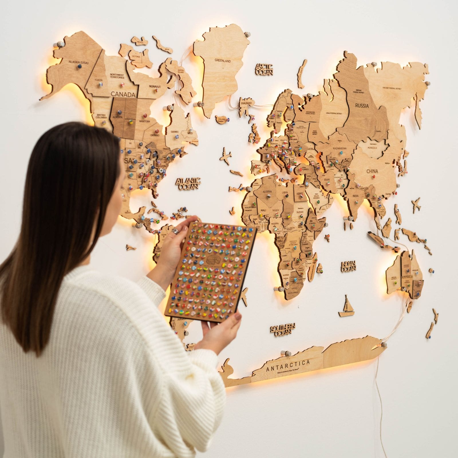 3D LED Wooden World Map 3.0 Gold Interactive Backlit Wall Art