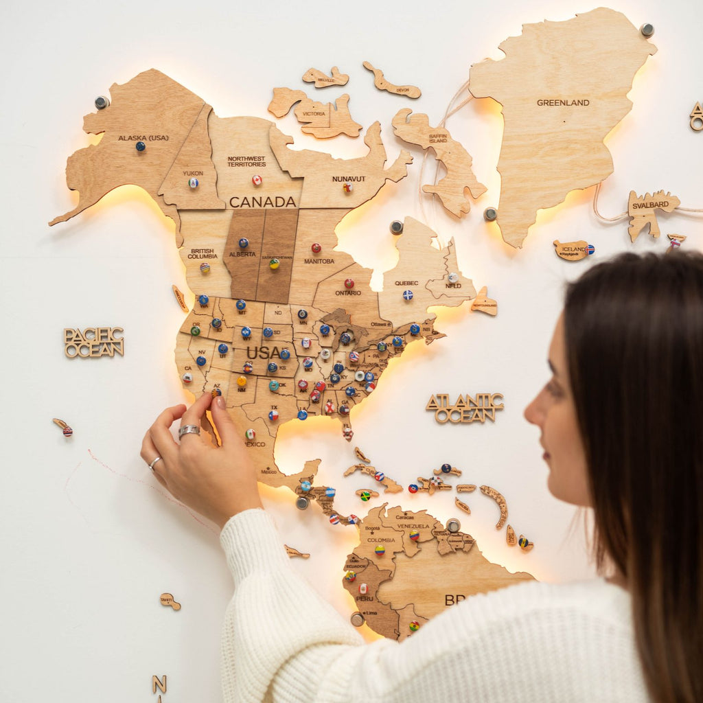 3D LED Wooden World Map 3.0 Gold Interactive Backlit Wall Art