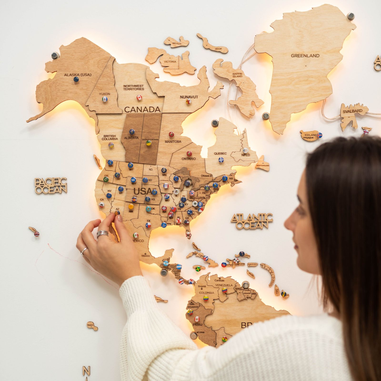 3D LED Wooden World Map 3.0 Gold Interactive Backlit Wall Art