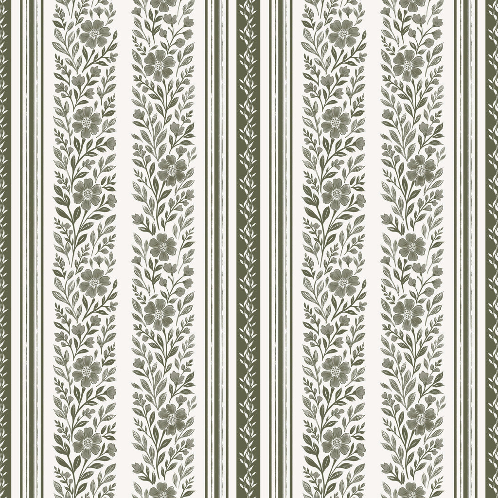 Leigh Floral Wallpaper, White and Olive-Green Traditional Farmhouse