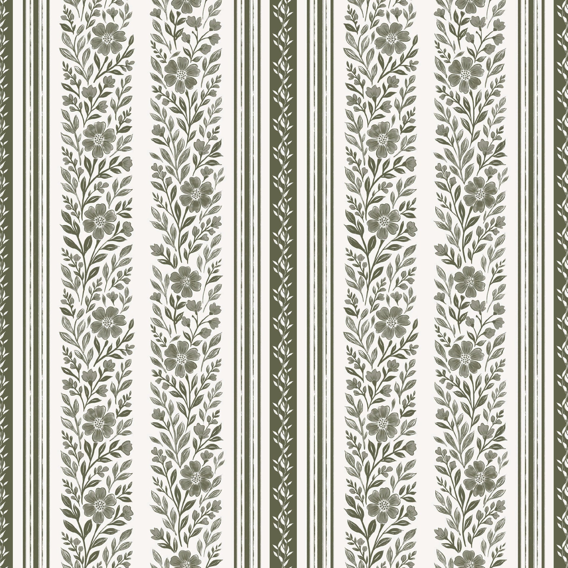 Leigh Floral Wallpaper, White and Olive-Green Traditional Farmhouse