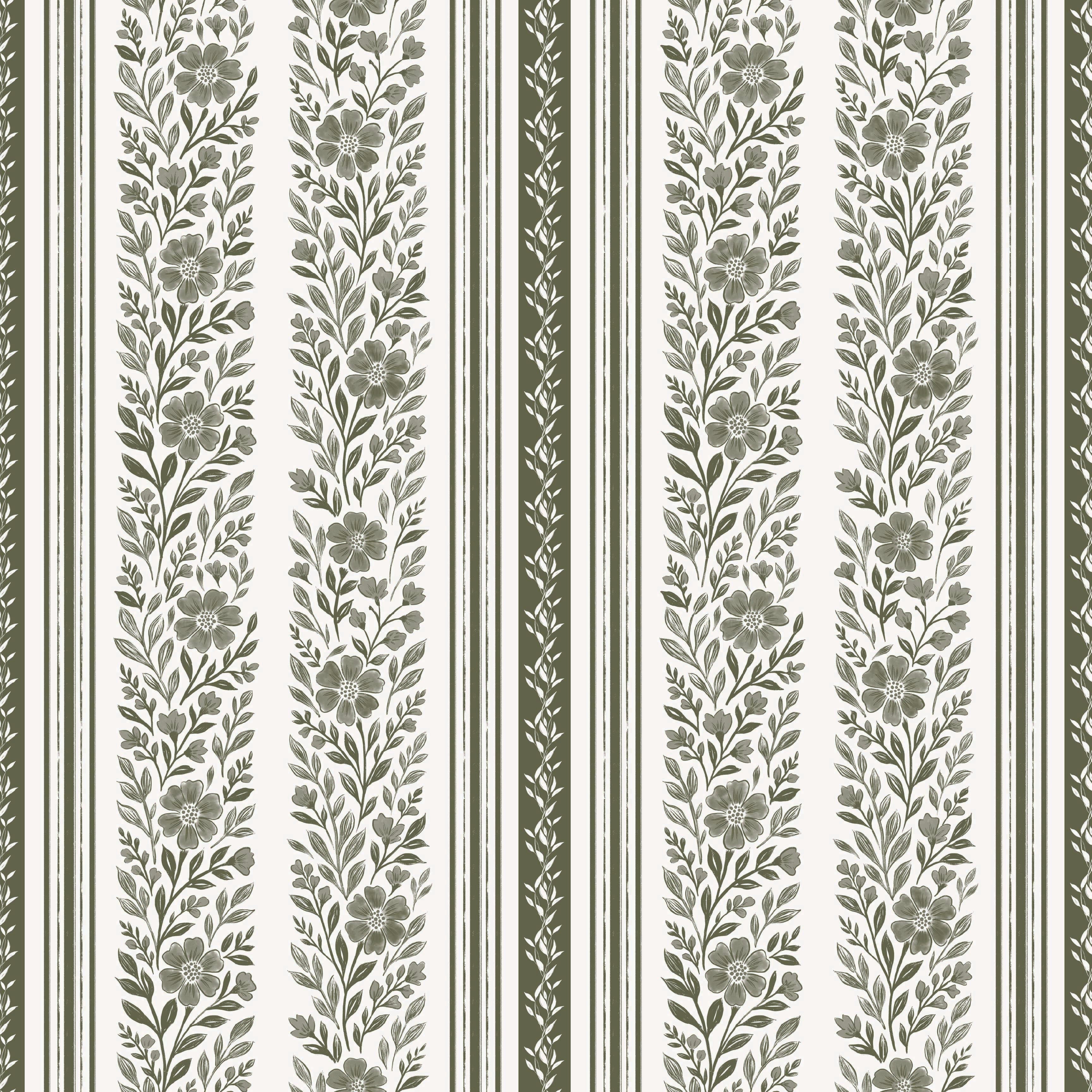 Leigh Floral Wallpaper, White and Olive-Green Traditional Farmhouse