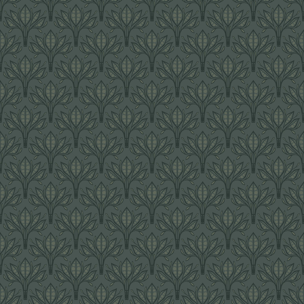 Leilani Floral Wallpaper in Beige, Charcoal and Forest-Green