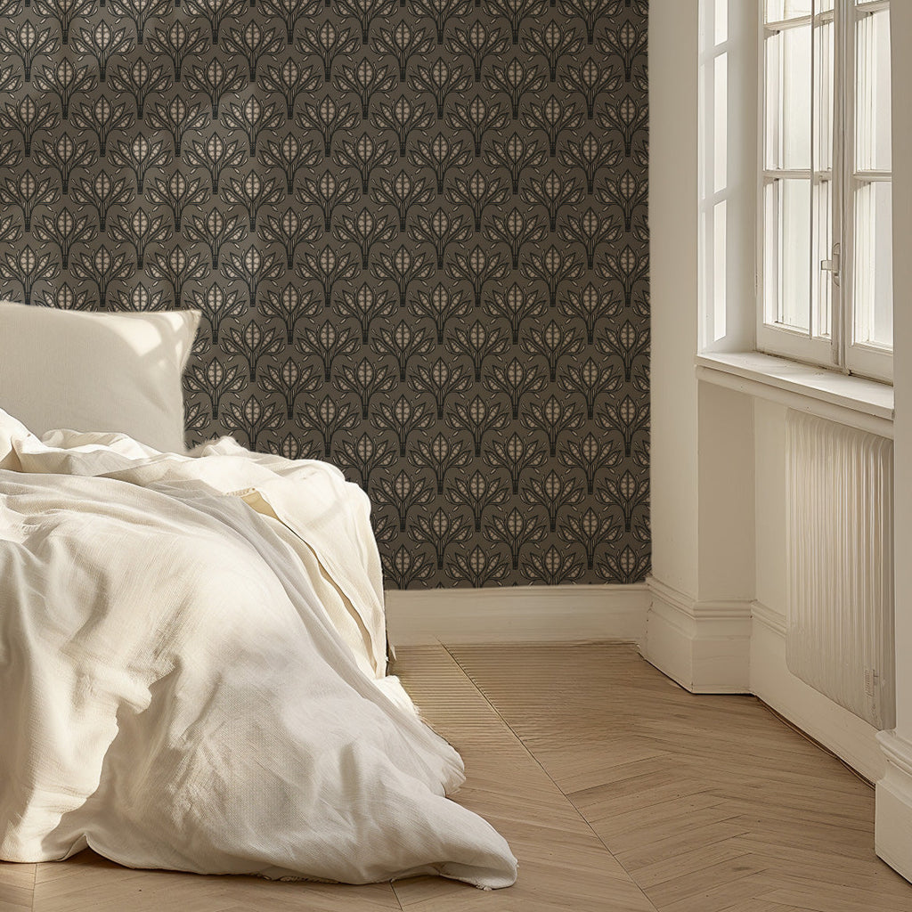 Leilani Floral Wallpaper in Beige, Charcoal and Forest-Green