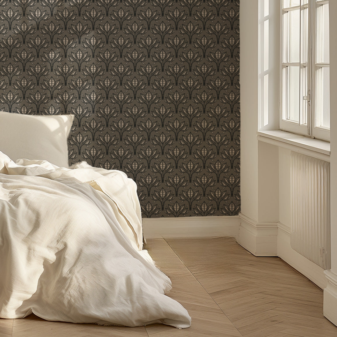 Leilani Floral Wallpaper in Beige, Charcoal and Forest-Green