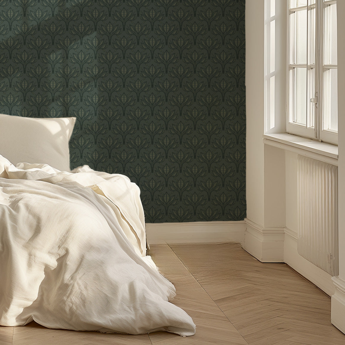 Leilani Floral Wallpaper in Beige, Charcoal and Forest-Green