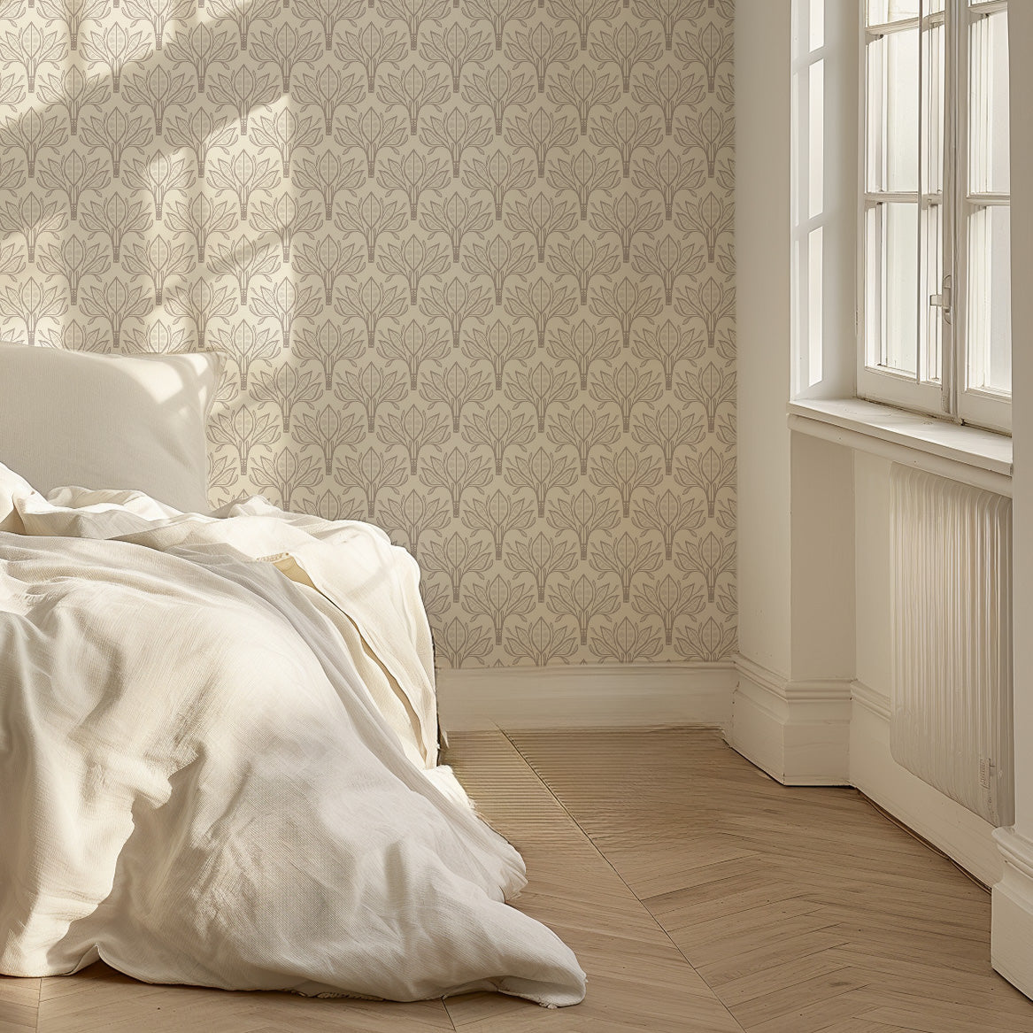 Leilani floral wallpaper with beige, charcoal and forest-green botanical pattern