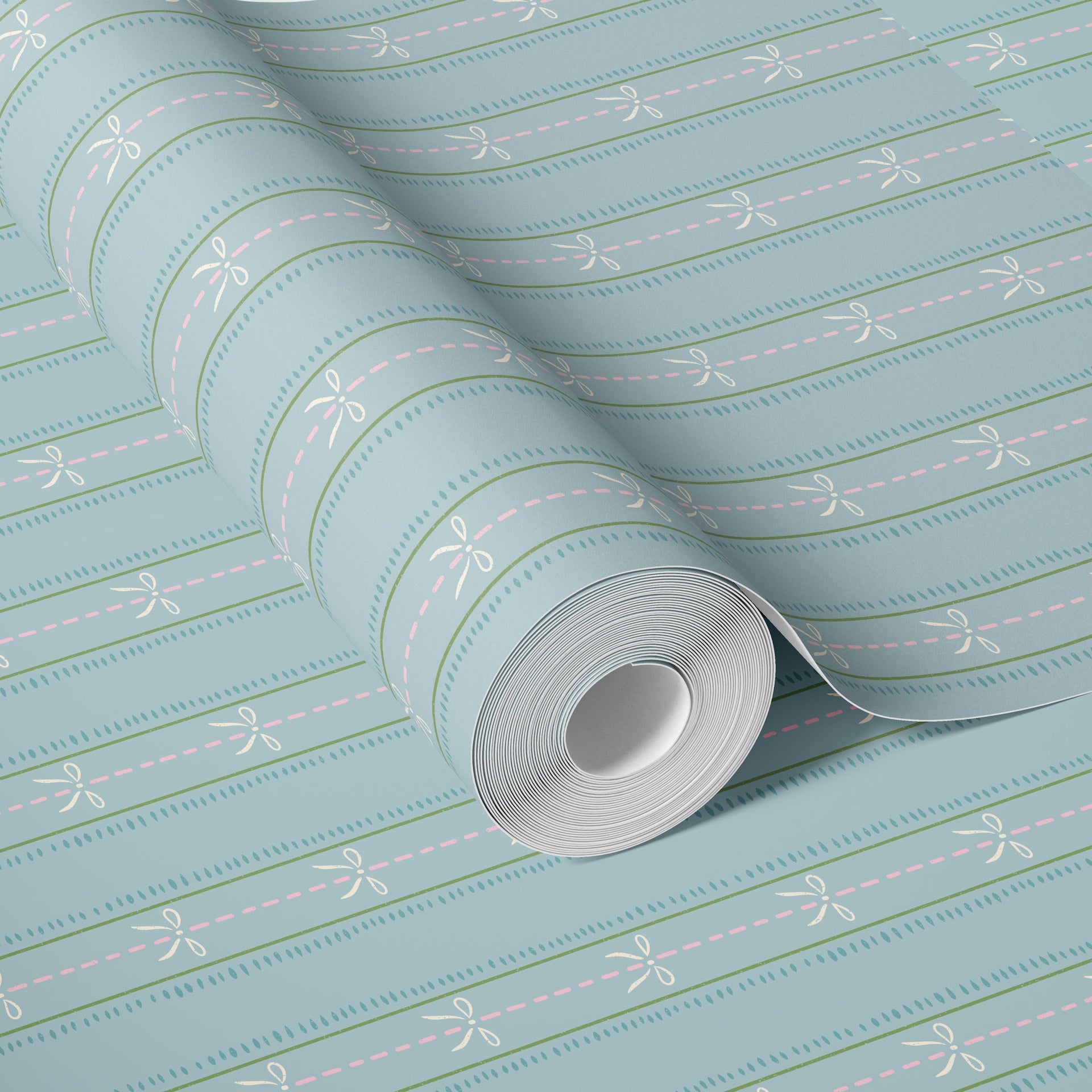 Lena Striped Wallpaper in Pastel Blue, Pink and Cream