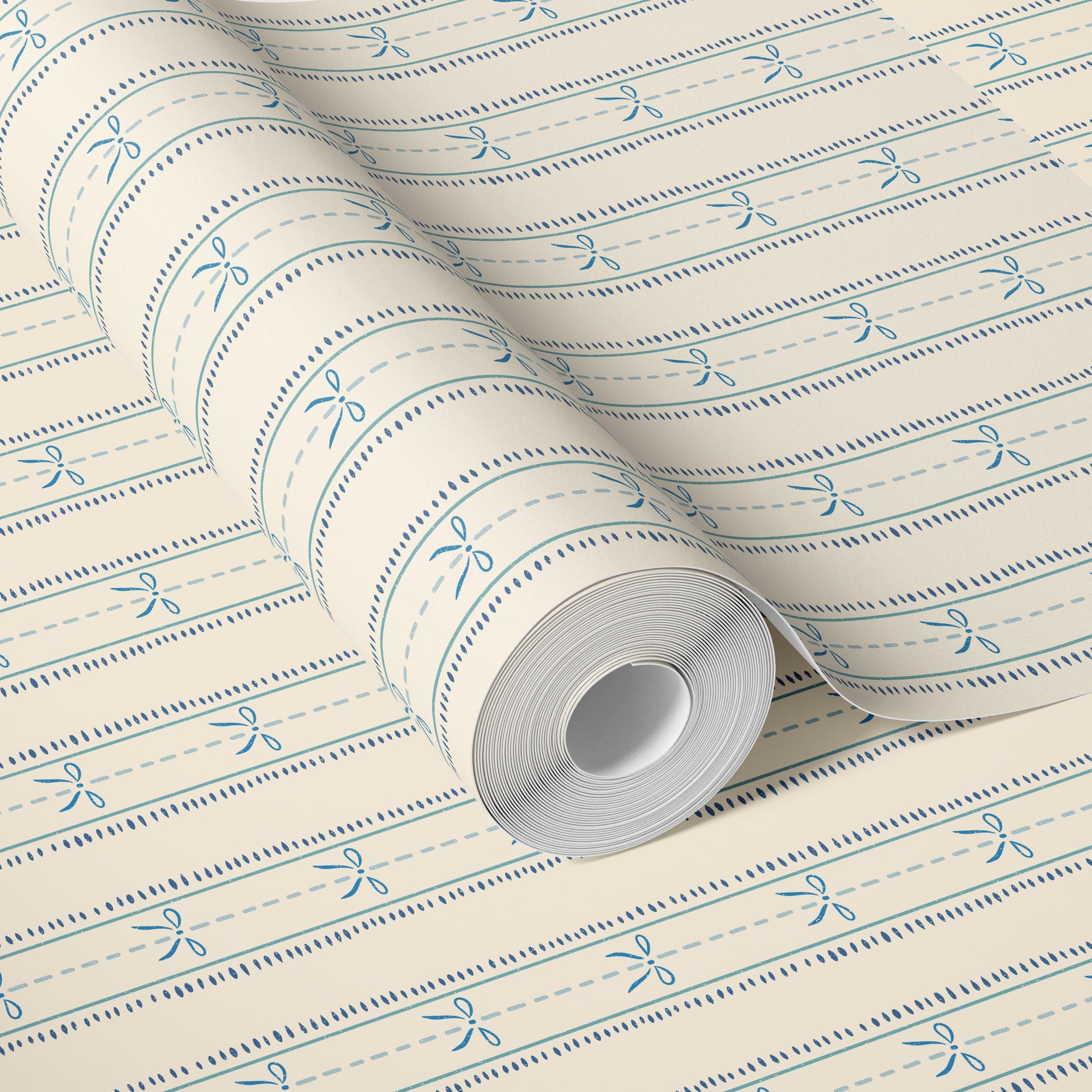 Lena Striped Wallpaper in Pastel Blue, Pink and Cream