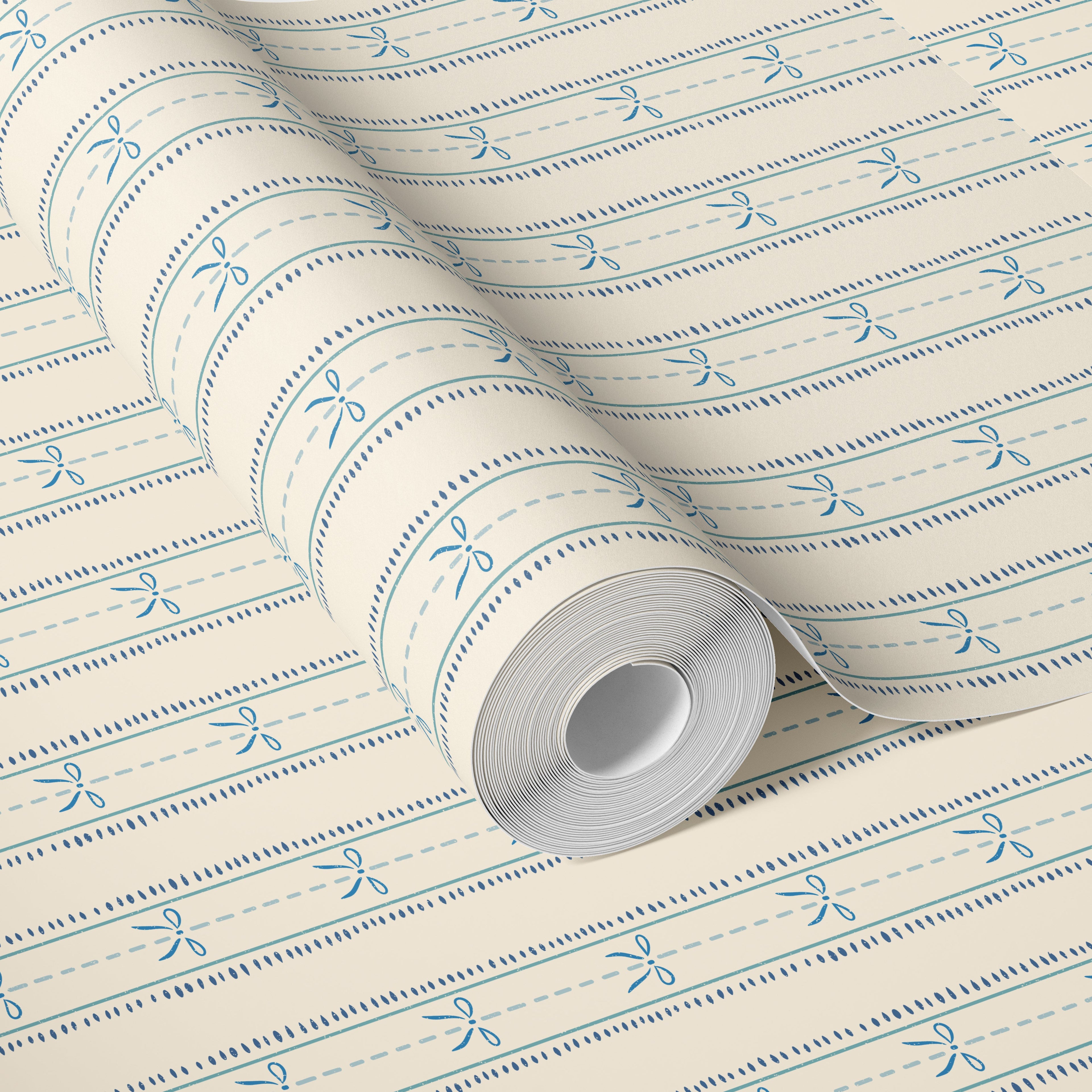 Lena Striped Wallpaper in Pastel Blue, Pink and Cream
