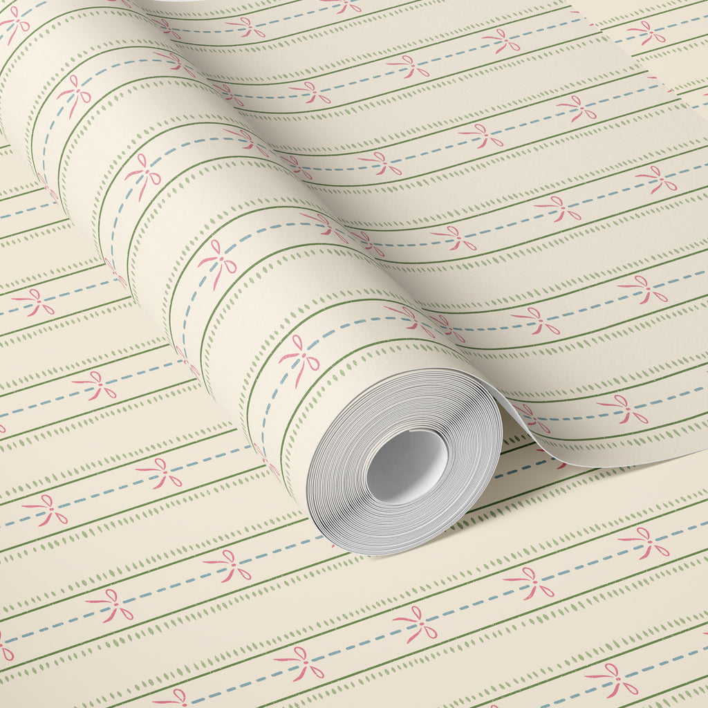 Lena Striped Wallpaper in Pastel Blue, Pink and Cream