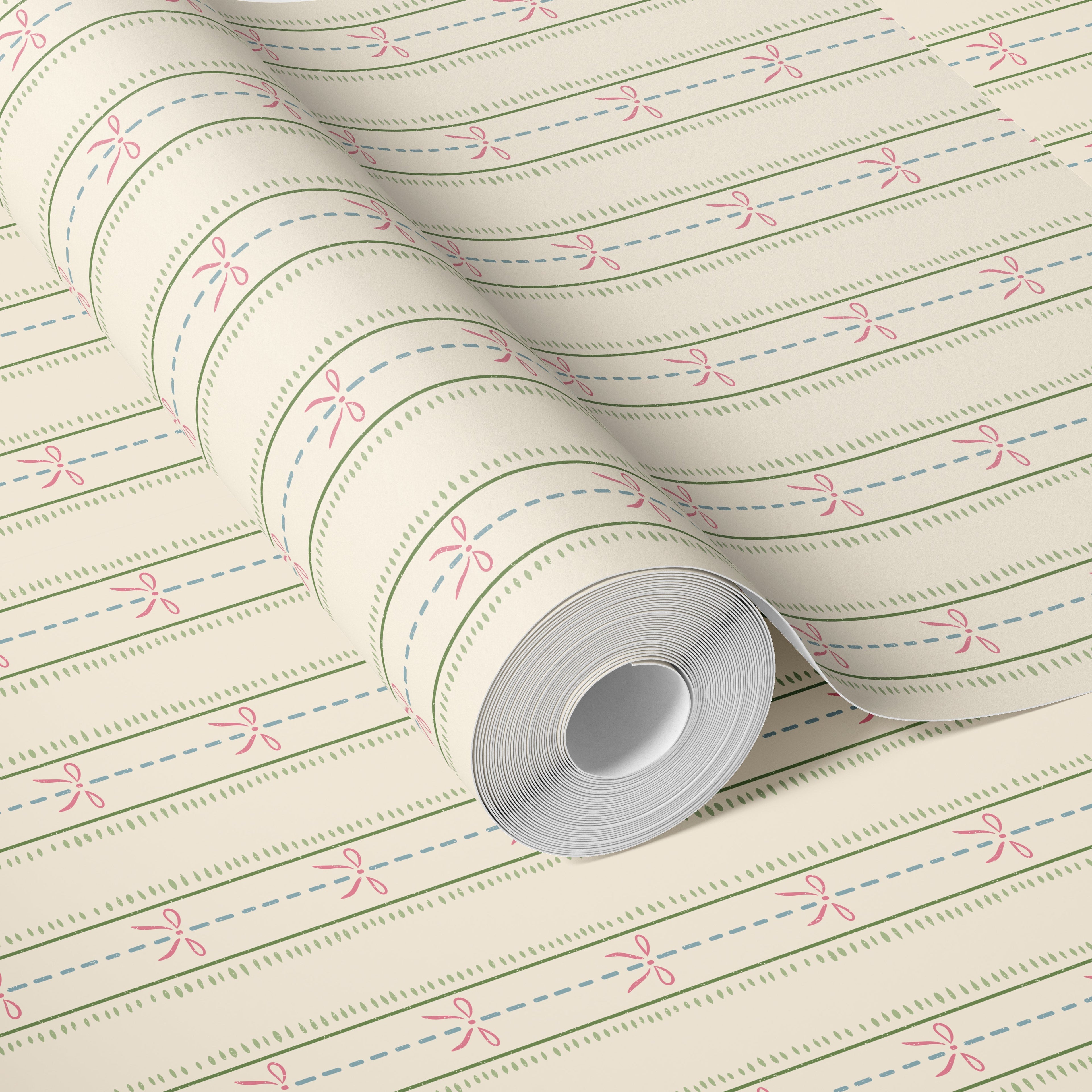 Lena Striped Wallpaper in Pastel Blue, Pink and Cream