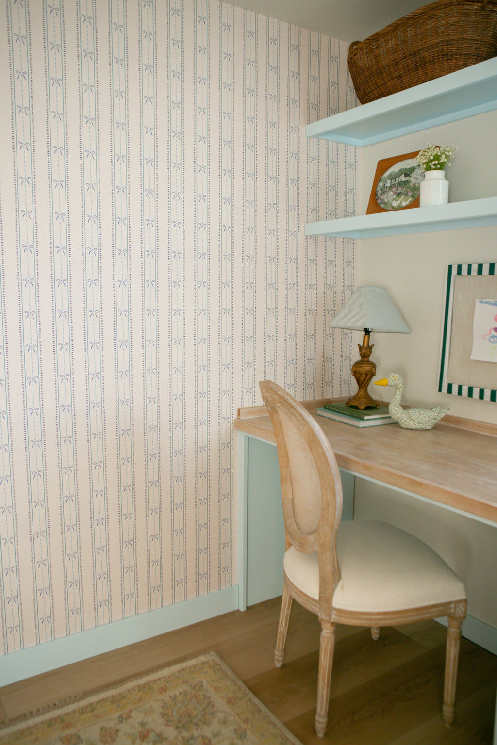 Lena Striped Wallpaper in Pastel Blue, Pink and Cream