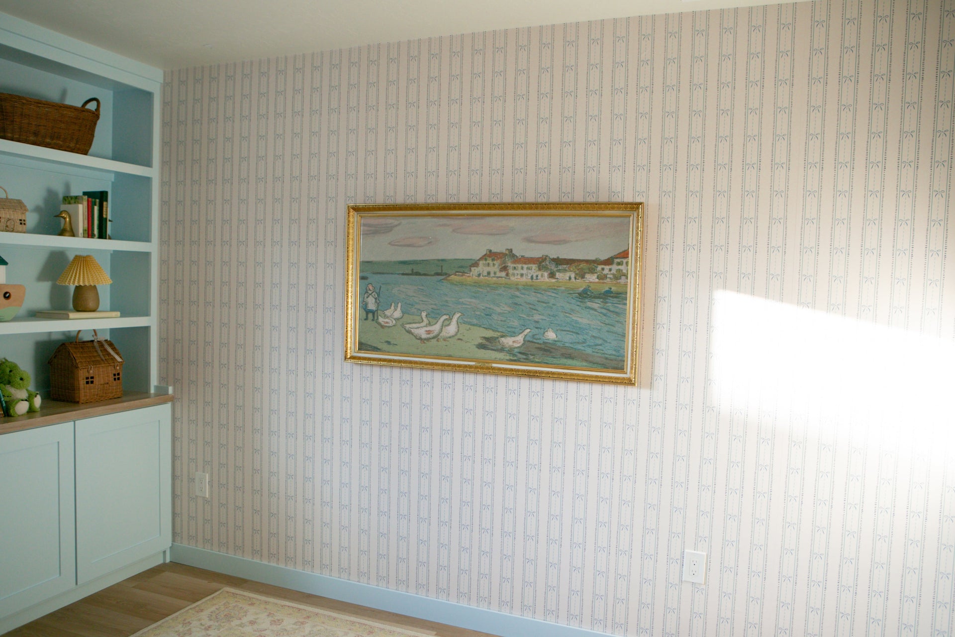 Lena Striped Wallpaper in Pastel Blue, Pink and Cream