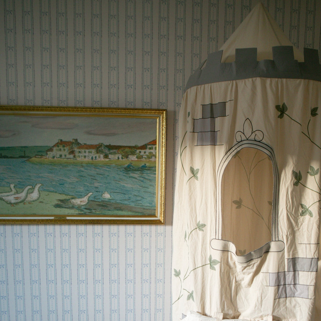 Lena Striped Wallpaper in Pastel Blue, Pink and Cream