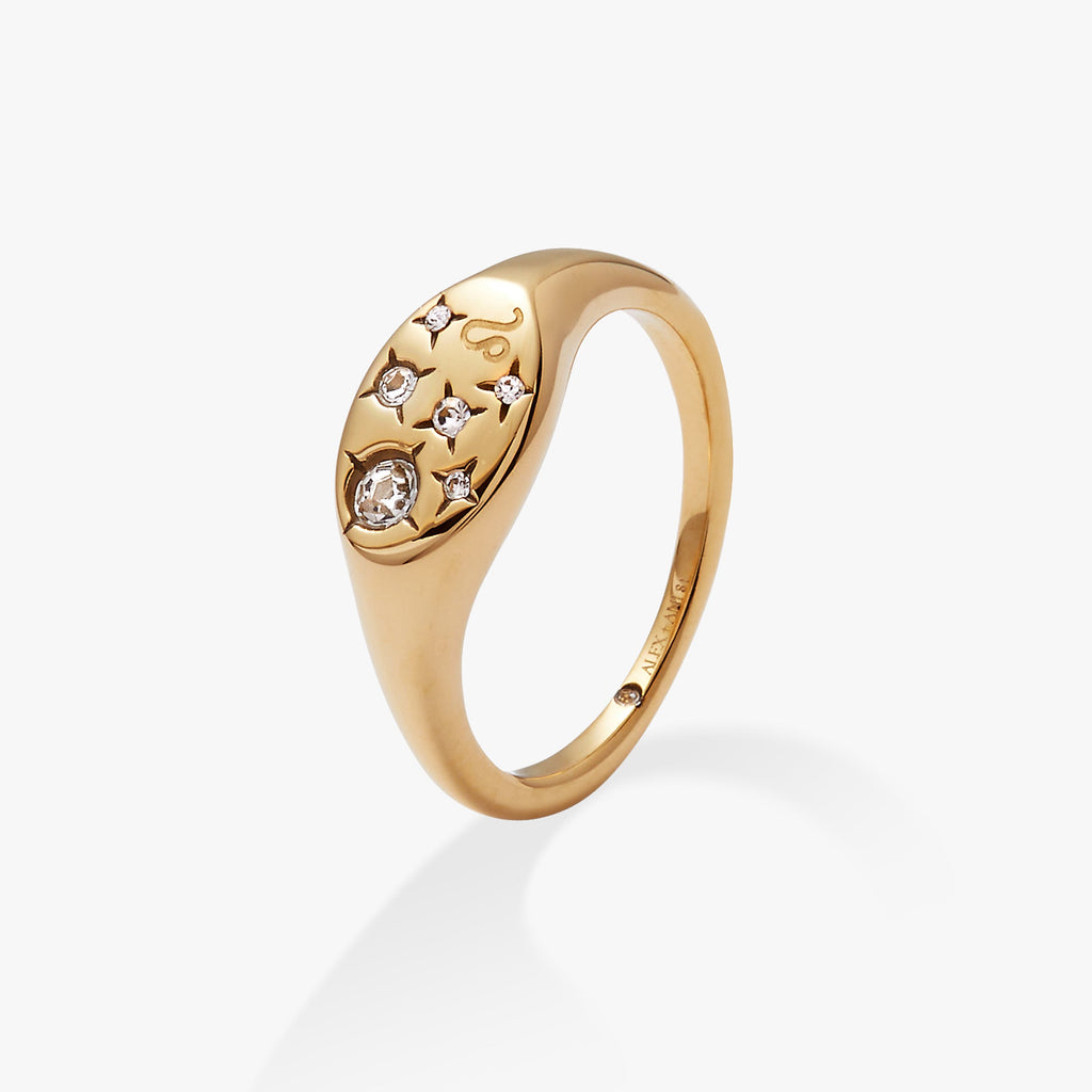 Leo Zodiac Signet Ring with Crystal Stars Celestial Statement Jewelry