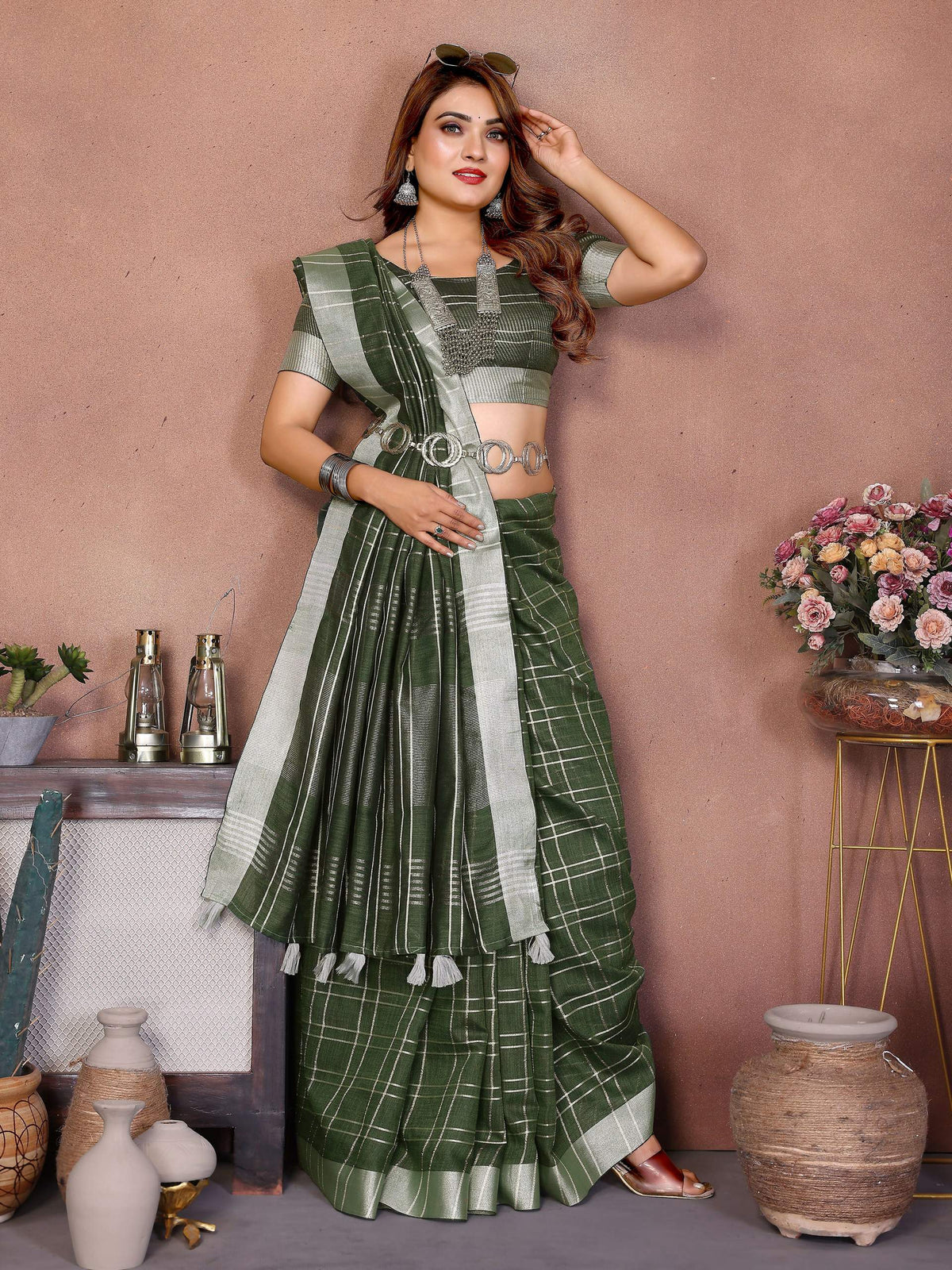 Mehndi Linen Weaving Saree 5.5 Mtr