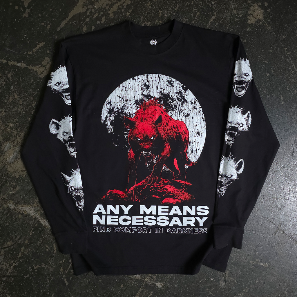 Black long sleeve t-shirt featuring hyena graphic on chest and sleeves with white text