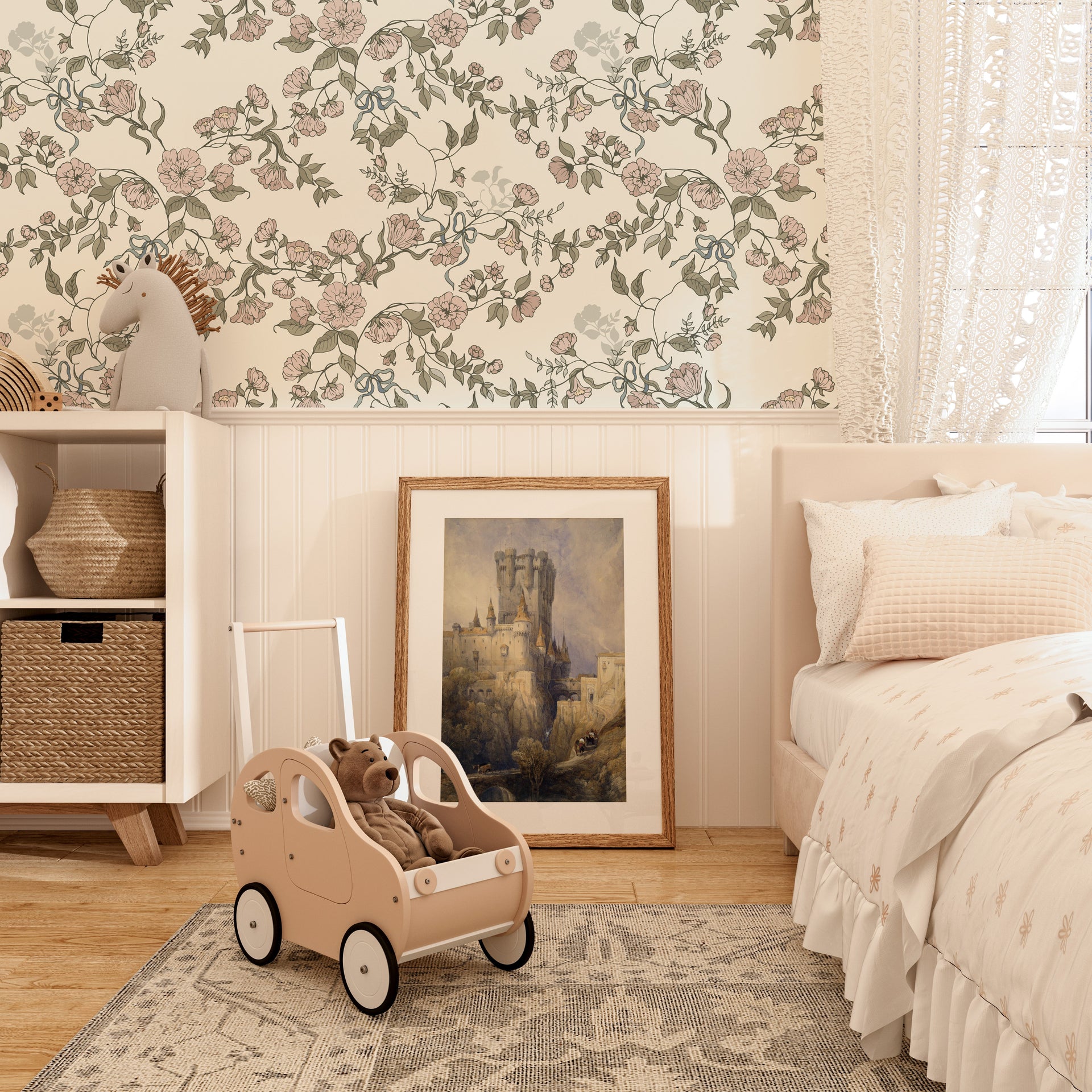 Lettie Floral Removable Wallpaper in Sage-Green & Blush-Pink