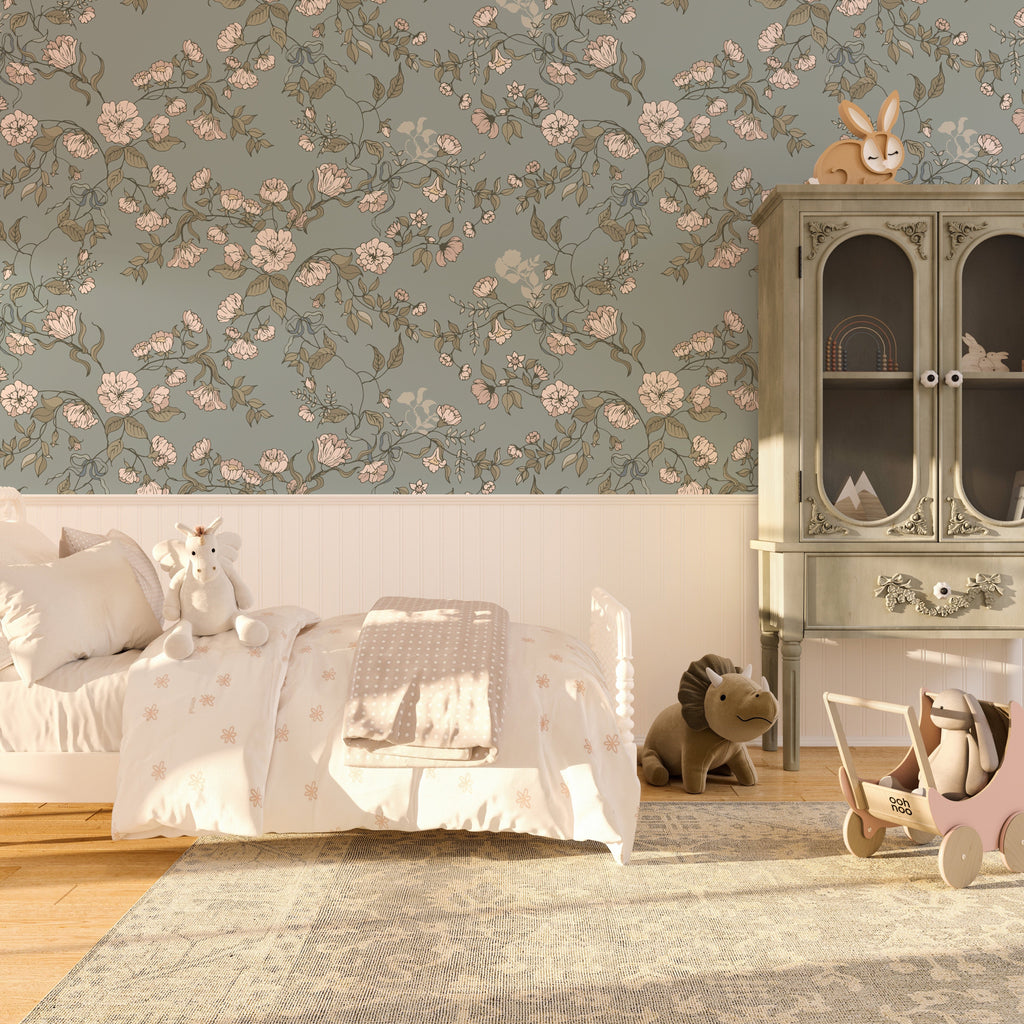 Lettie Floral Removable Wallpaper in Sage-Green & Blush-Pink