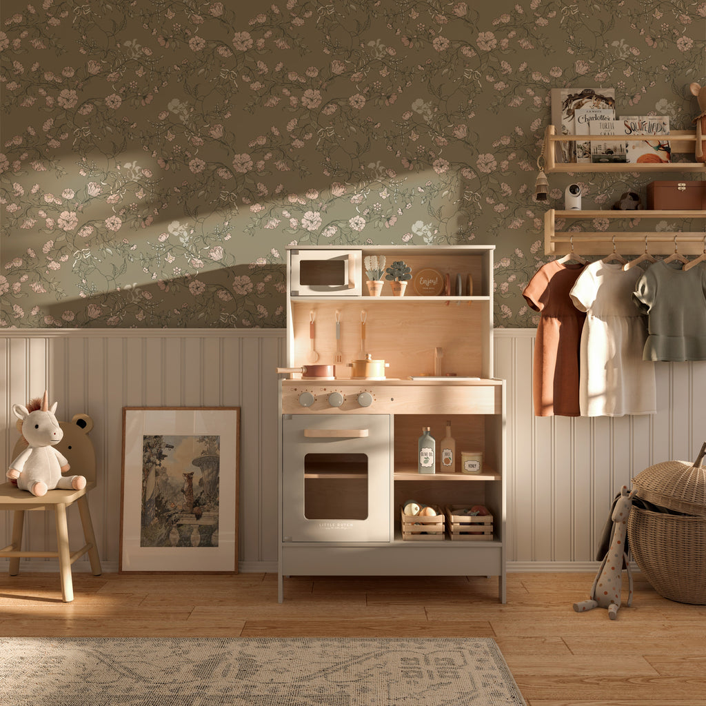 Lettie Floral Removable Wallpaper in Sage-Green & Blush-Pink