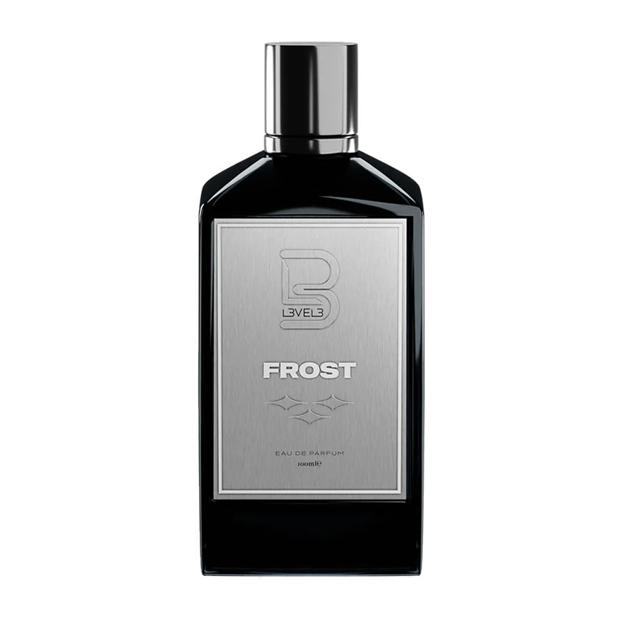 L3VEL3 Frost Eau de Parfum 100ml bottle in a sleek black and metallic silver minimalist design.