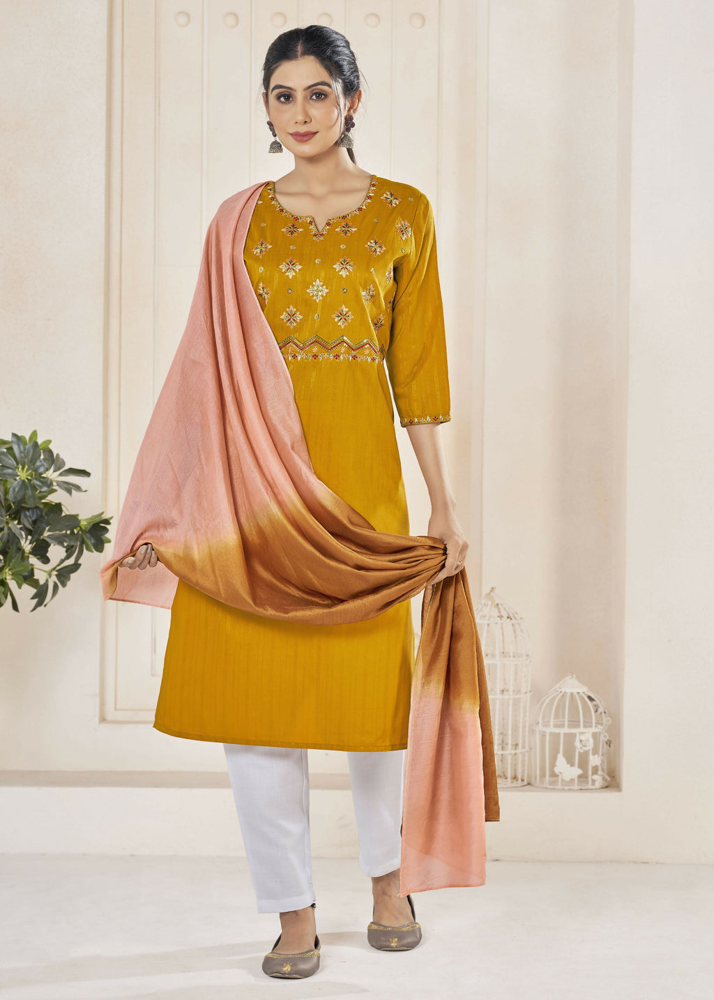 Mustard straight kurta in pure viscose fabric with weaving stripes and embroidery detail