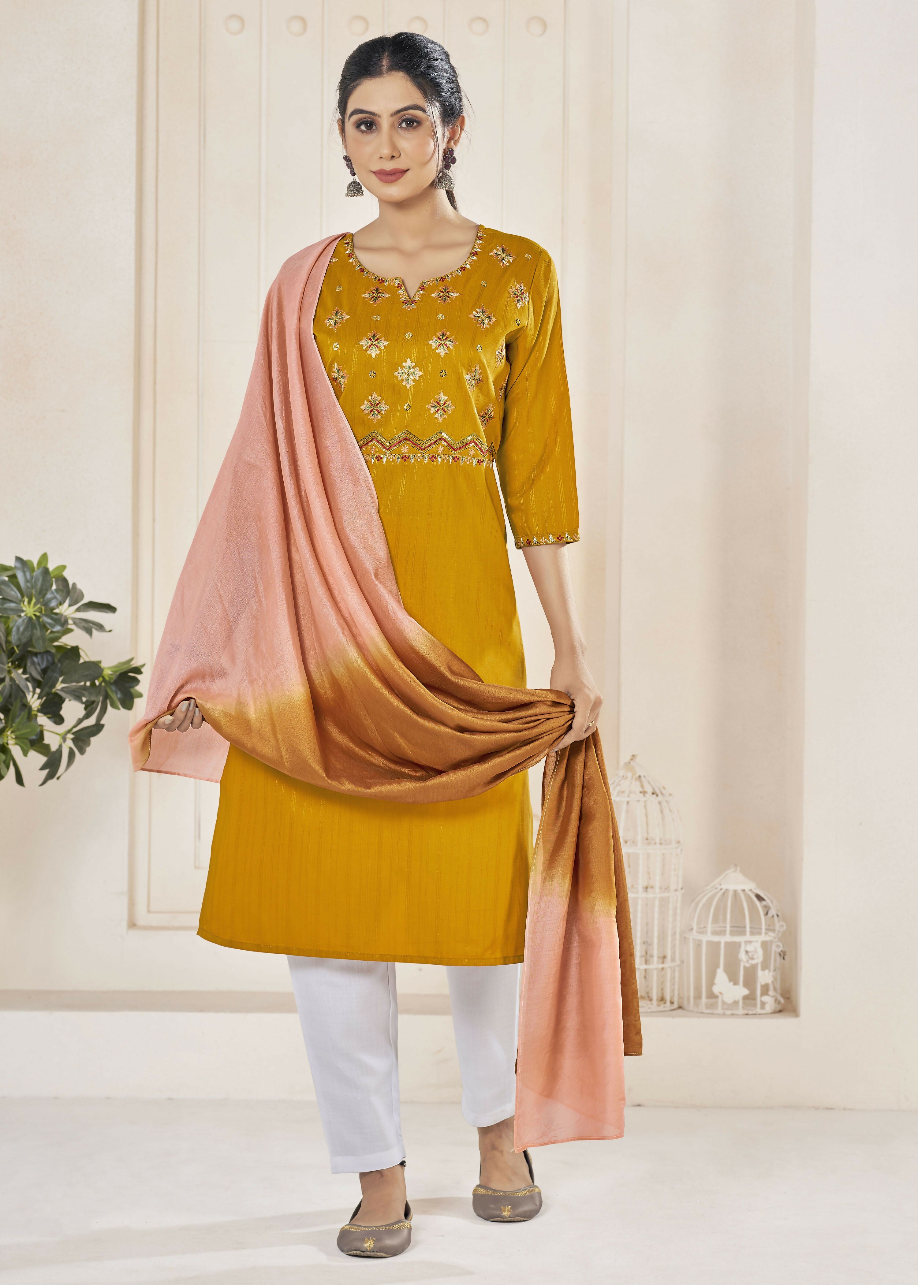 Mustard straight kurta in pure viscose fabric with weaving stripes and embroidery detail