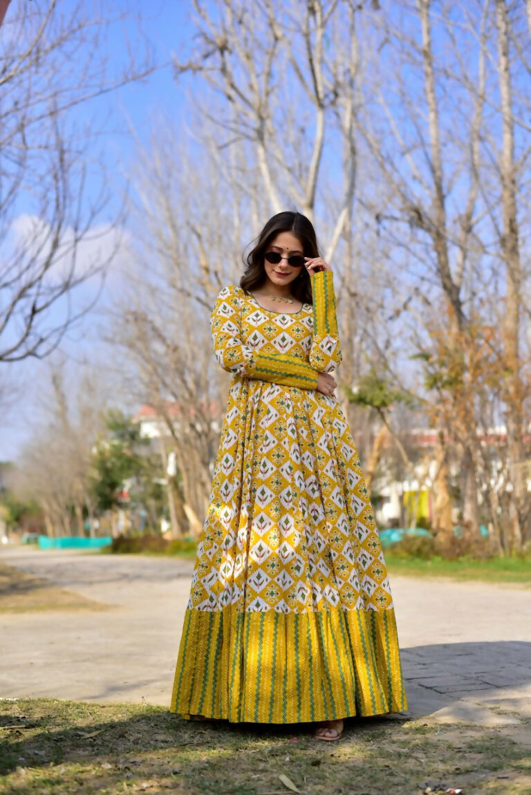 Mustard Heavy Digital Printed Cotton Silk Anarkali Maxi Dress
