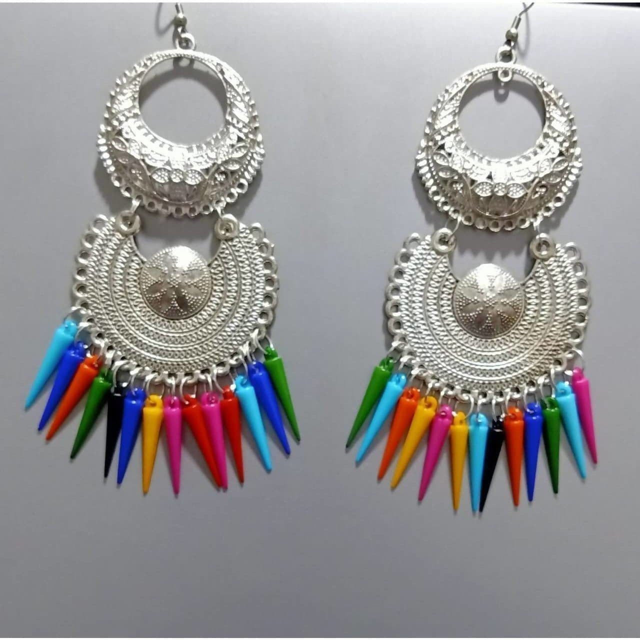Multicolor cone shape oxidized silver Afghani Chandbali hanging earrings