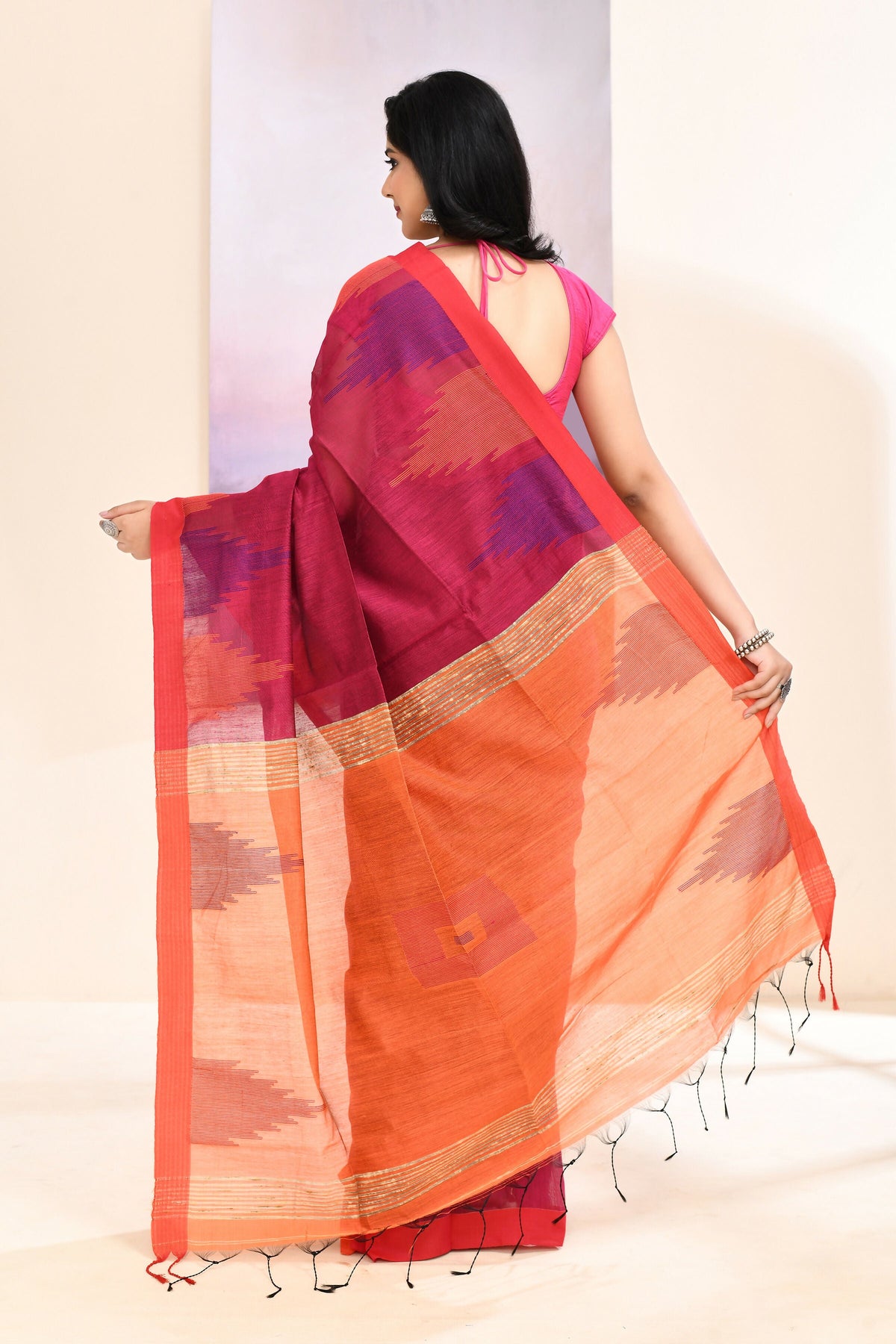 Rani Temple Border Jamdani Saree with Embellished Cotton Blend