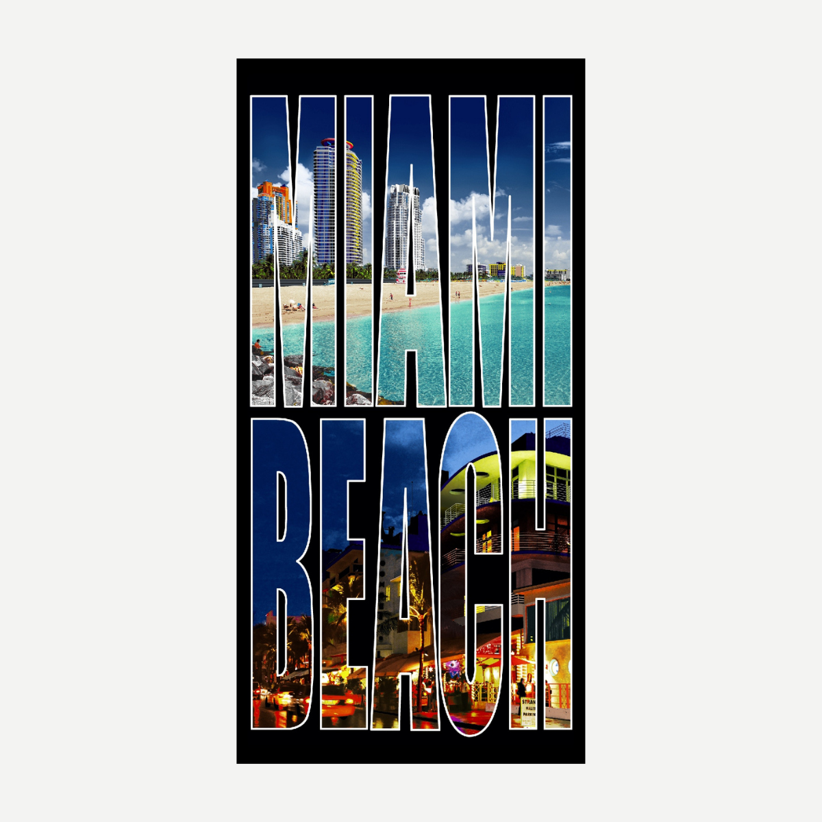 A rectangular beach towel with a photographic print of the Miami Beach skyline in bright blue and warm sunset colors.