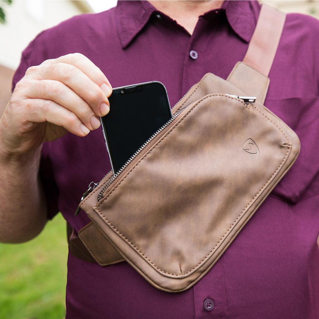 Brown Vegan Leather Cross Body EMF Shielding Fanny Pack - Image 6
