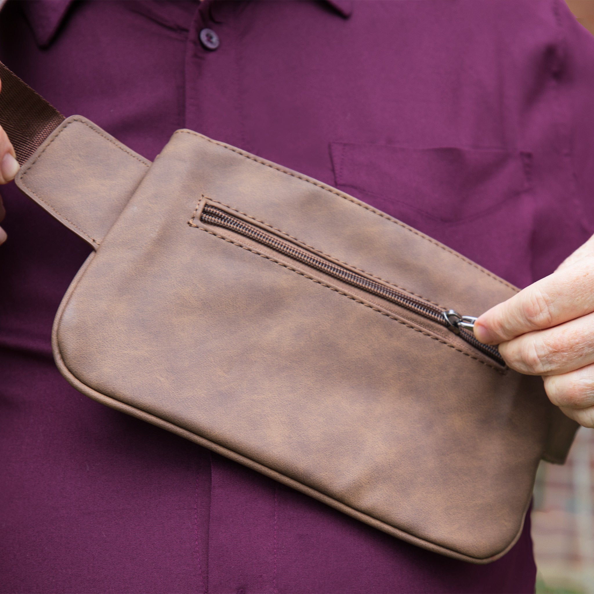 Brown Vegan Leather Cross Body EMF Shielding Fanny Pack - Image 7